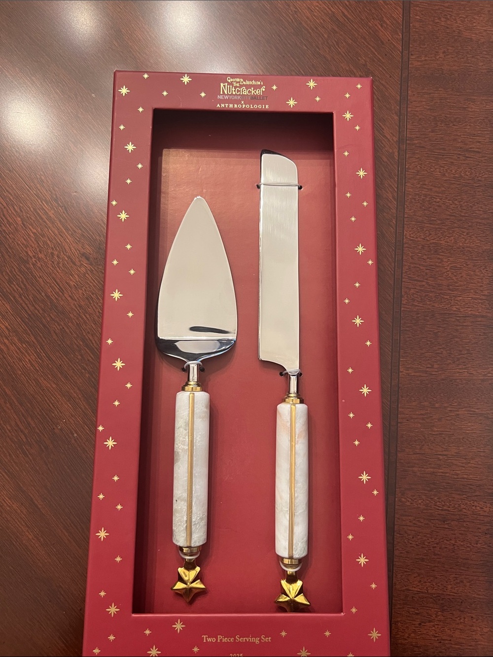 Anthropologie White Marble Handle Cake Server & Knife with Gold Accents